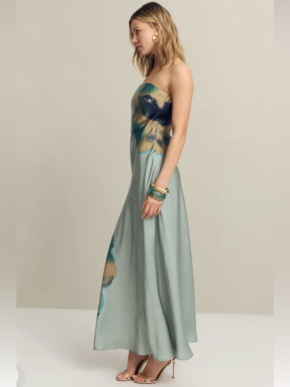 Hutch Lisa Silk Slip Maxi Dress in Soft Sage with Watercolor Floral size XL - Picture 4 of 12